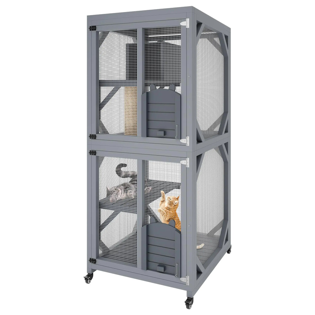 Garvee Large Cat Enclosure on Wheels for Indoor Outdoor, 68 Inch Window Access Catio with Asphalt Roof, Scratching Post, 3 Platforms and Resting Box, Cat Patio Playpen Grey