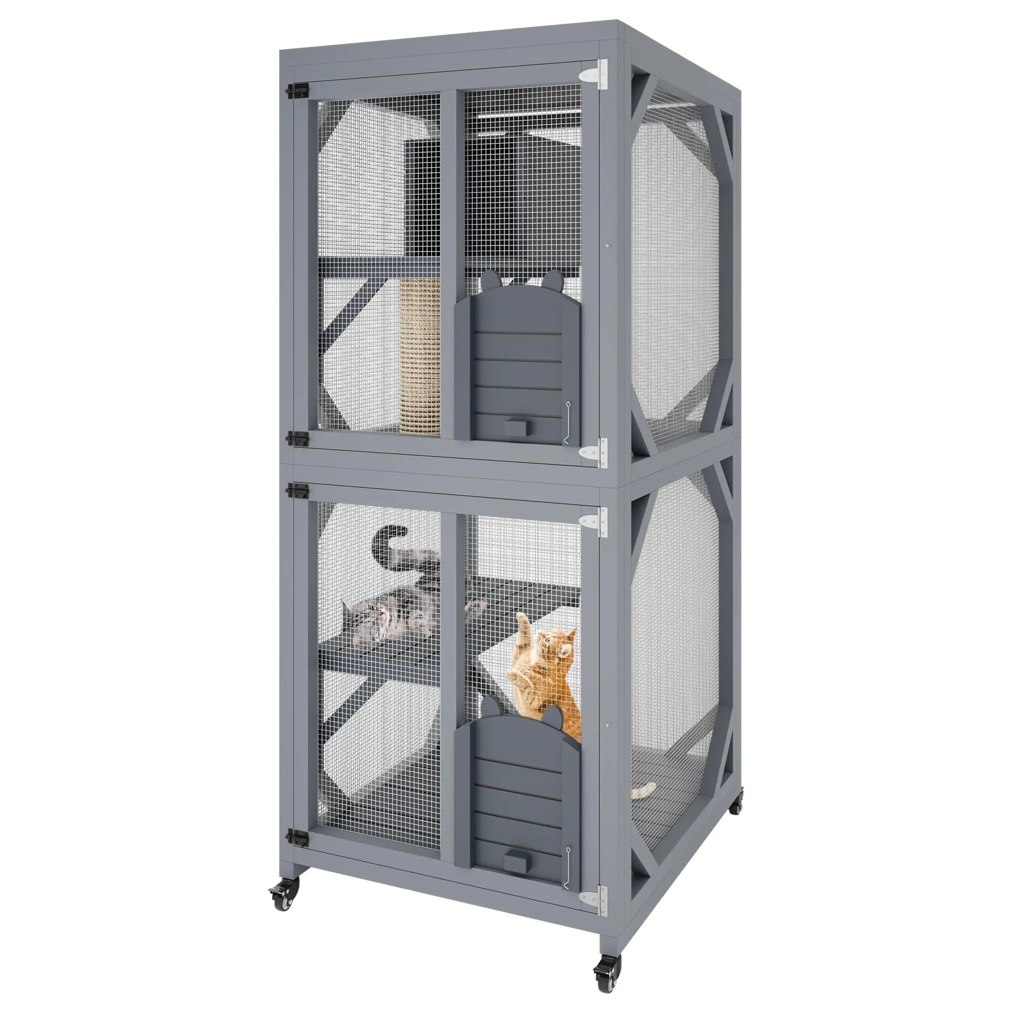 Garvee Large Cat Enclosure on Wheels for Indoor Outdoor, 68 Inch Window Access Catio with Asphalt Roof, Scratching Post, 3 Platforms and Resting Box, Cat Patio Playpen Grey
