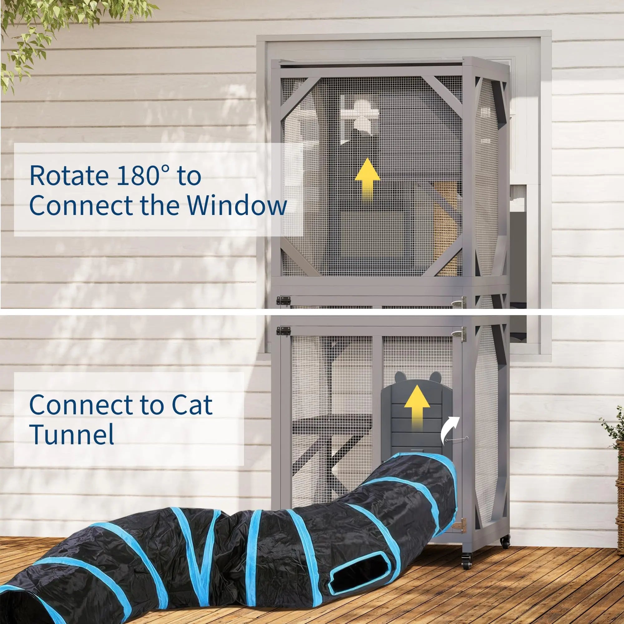 Garvee Large Cat Enclosure on Wheels for Indoor Outdoor, 68 Inch Window Access Catio with Asphalt Roof, Scratching Post, 3 Platforms and Resting Box, Cat Patio Playpen Grey