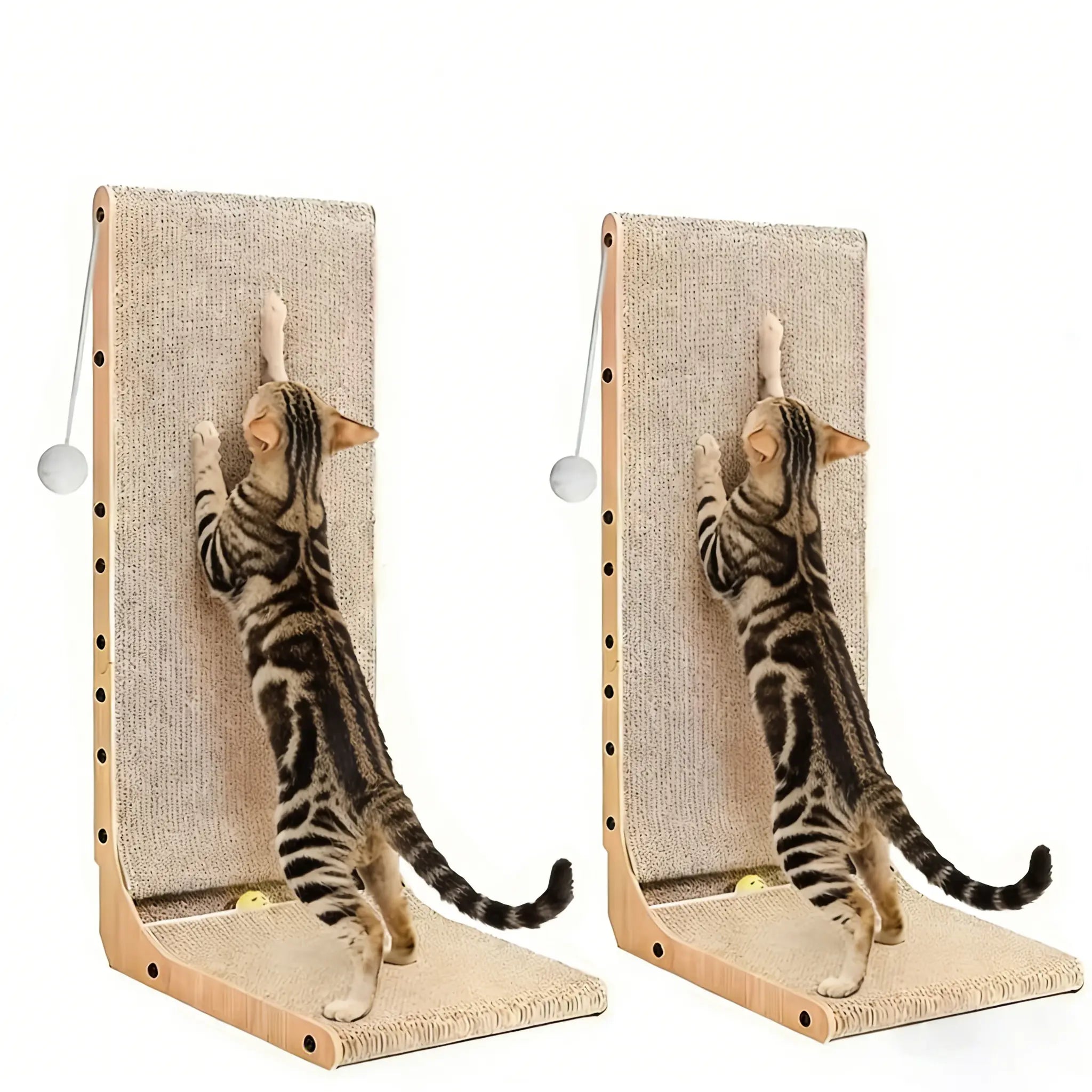 Large Size 2-Pack Cat Scratcher, L-Shaped Vertical Scratching Board for Indoor Cats, 24" Wall-Mounted with Ball Toy, Easy Assembly Light Wood Grain