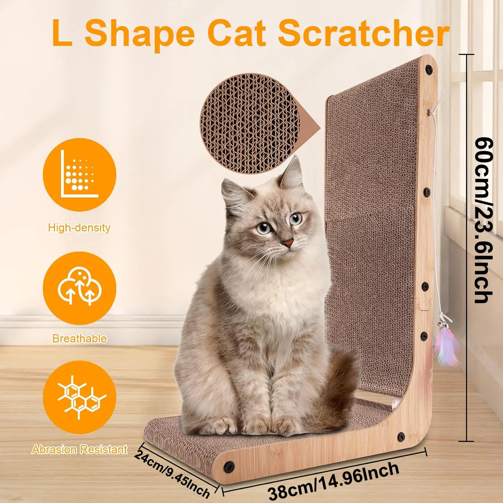 Large Size 2-Pack Cat Scratcher, L-Shaped Vertical Scratching Board for Indoor Cats, 24" Wall-Mounted with Ball Toy, Easy Assembly Light Wood Grain