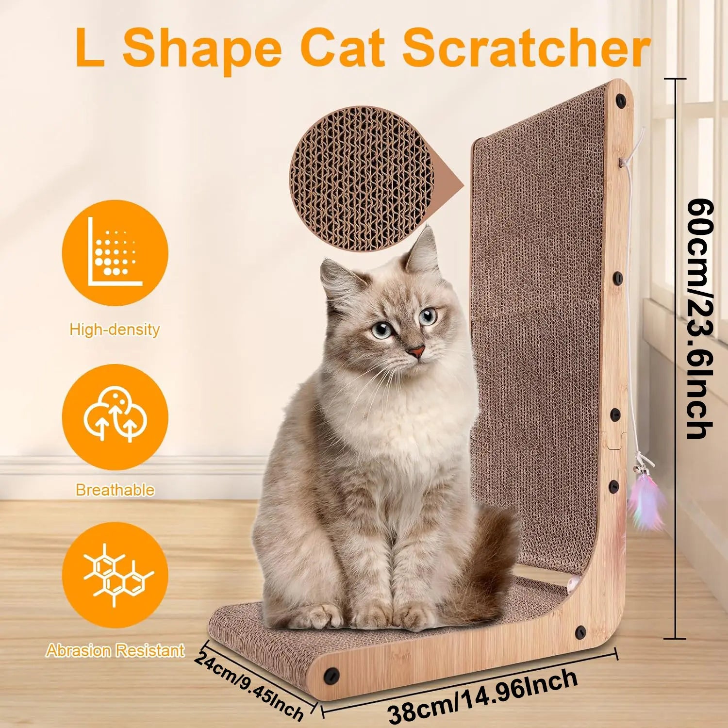 Large Size 2-Pack Cat Scratcher, L-Shaped Vertical Scratching Board for Indoor Cats, 24" Wall-Mounted with Ball Toy, Easy Assembly Light Wood Grain