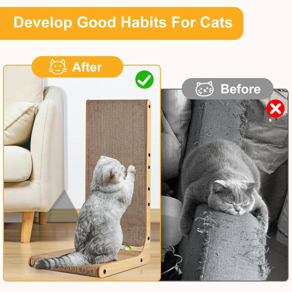 Large Size 2-Pack Cat Scratcher, L-Shaped Vertical Scratching Board for Indoor Cats, 24" Wall-Mounted with Ball Toy, Easy Assembly Light Wood Grain
