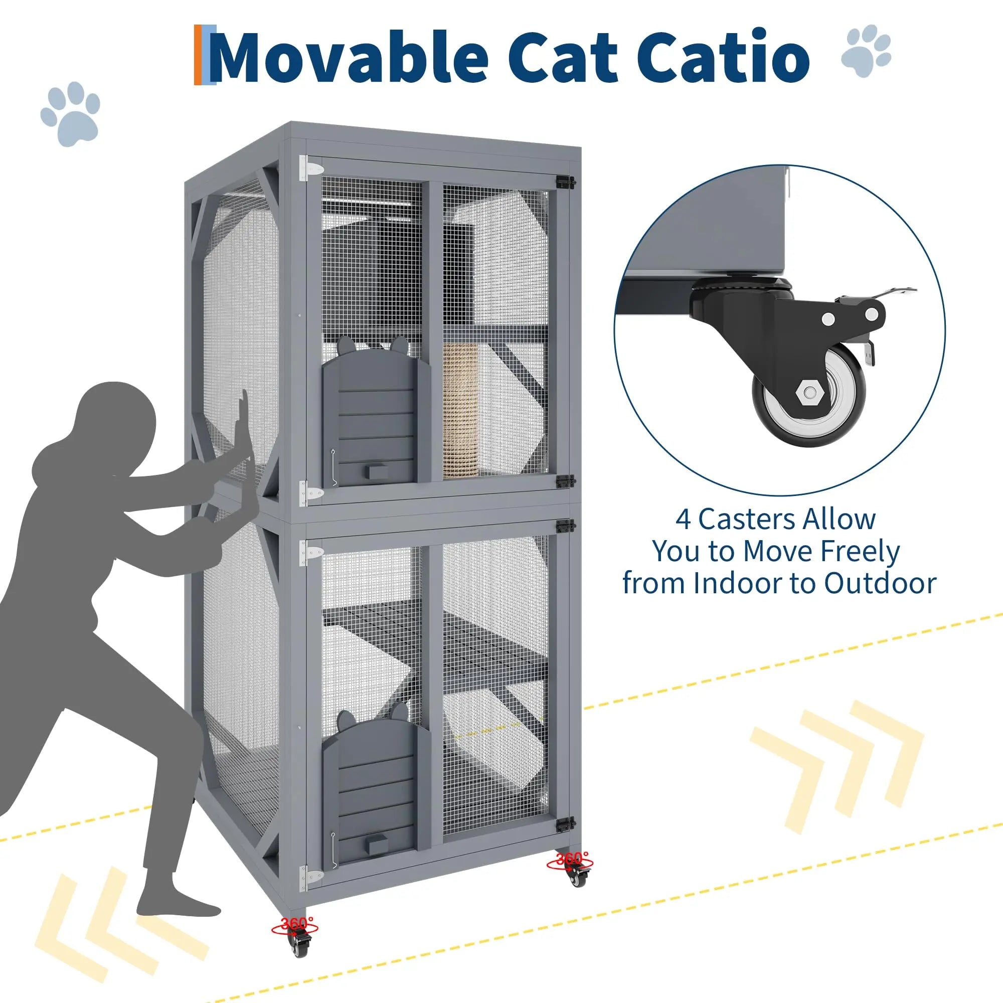 Garvee Large Cat Enclosure on Wheels for Indoor Outdoor, 68 Inch Window Access Catio with Asphalt Roof, Scratching Post, 3 Platforms and Resting Box, Cat Patio Playpen Grey