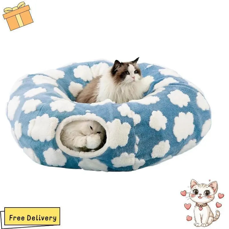 Indoor Cat Cave Bed – Cute Cat Donut Tunnel Toy for Small & Large Cats, Removable Washable round Pad – Peekaboo Hideaway for Kittens, Puppies, Bunnies – Cloud Blue