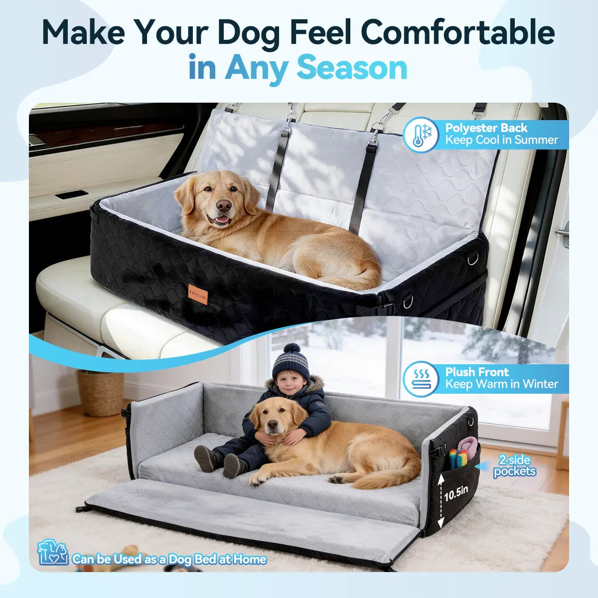 PAWGIANT Extra Large Dog Car Seat, Dog Bed for Large Dogs up to 120Lbs, Multi-Functional Dog Booster Seat with Thick Cushion & Safety Leashes, Detachable & Washable Pet Travel Safety Carrier