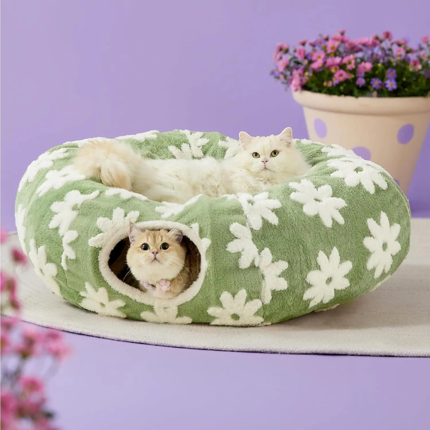 Indoor Cat Cave Bed – Cute Cat Donut Tunnel Toy for Small & Large Cats, Removable Washable round Pad – Peekaboo Hideaway for Kittens, Puppies, Bunnies – Cloud Blue