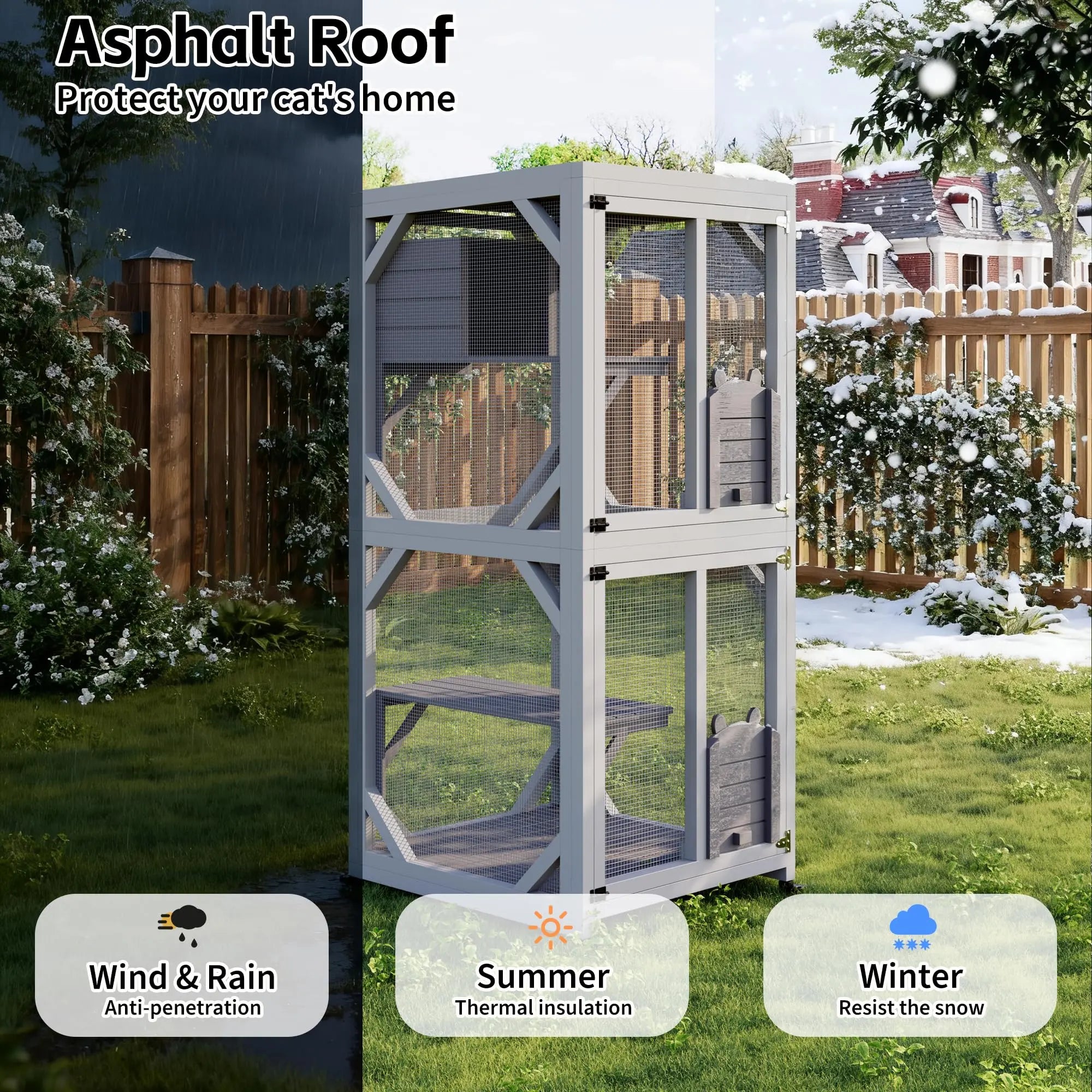 Garvee Large Cat Enclosure on Wheels for Indoor Outdoor, 68 Inch Window Access Catio with Asphalt Roof, Scratching Post, 3 Platforms and Resting Box, Cat Patio Playpen Grey