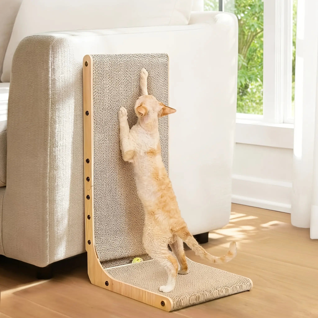 Large Size 2-Pack Cat Scratcher, L-Shaped Vertical Scratching Board for Indoor Cats, 24" Wall-Mounted with Ball Toy, Easy Assembly Light Wood Grain