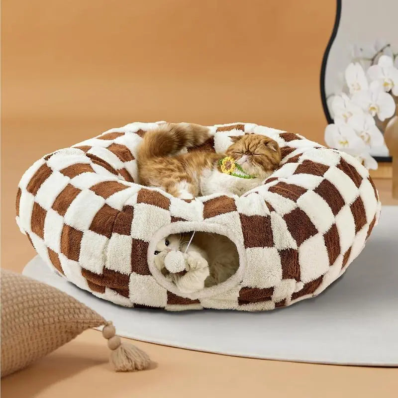 Indoor Cat Cave Bed – Cute Cat Donut Tunnel Toy for Small & Large Cats, Removable Washable round Pad – Peekaboo Hideaway for Kittens, Puppies, Bunnies – Cloud Blue