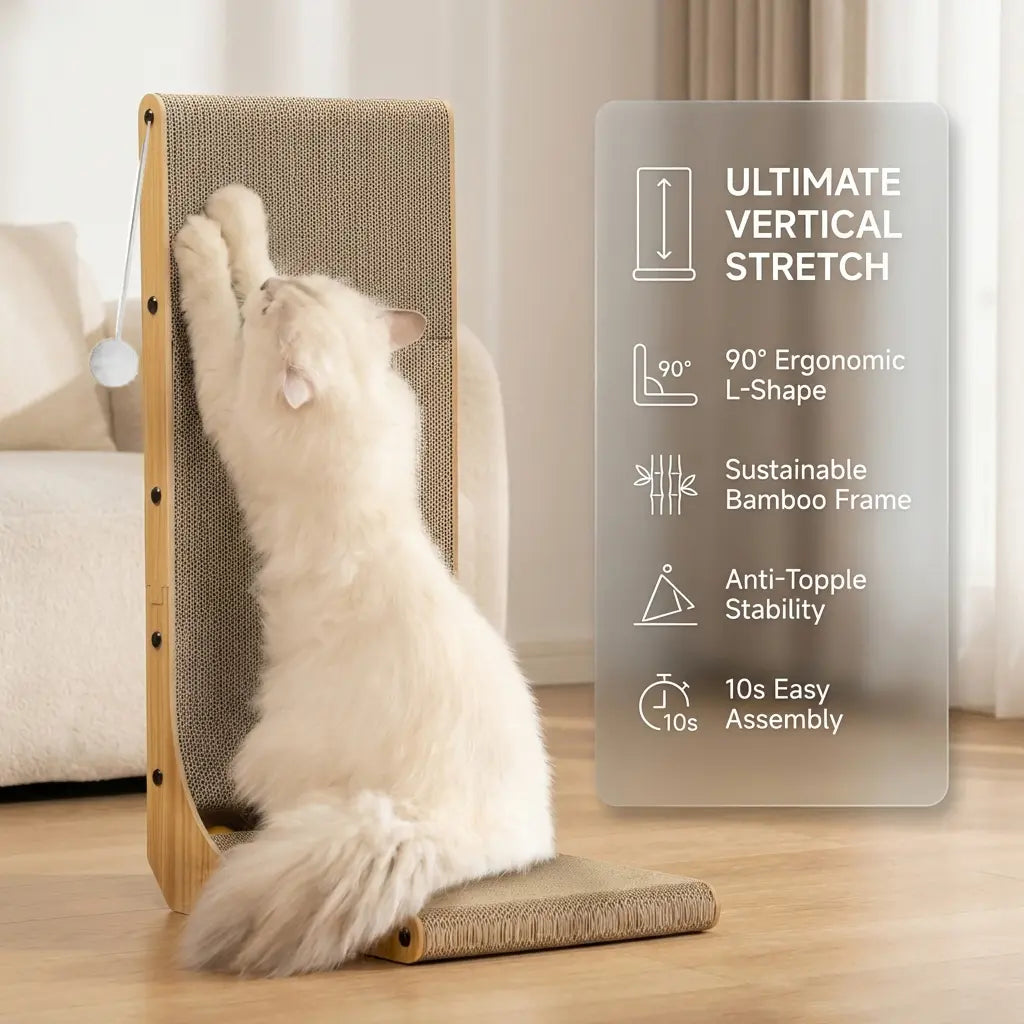 Large Size 2-Pack Cat Scratcher, L-Shaped Vertical Scratching Board for Indoor Cats, 24" Wall-Mounted with Ball Toy, Easy Assembly Light Wood Grain