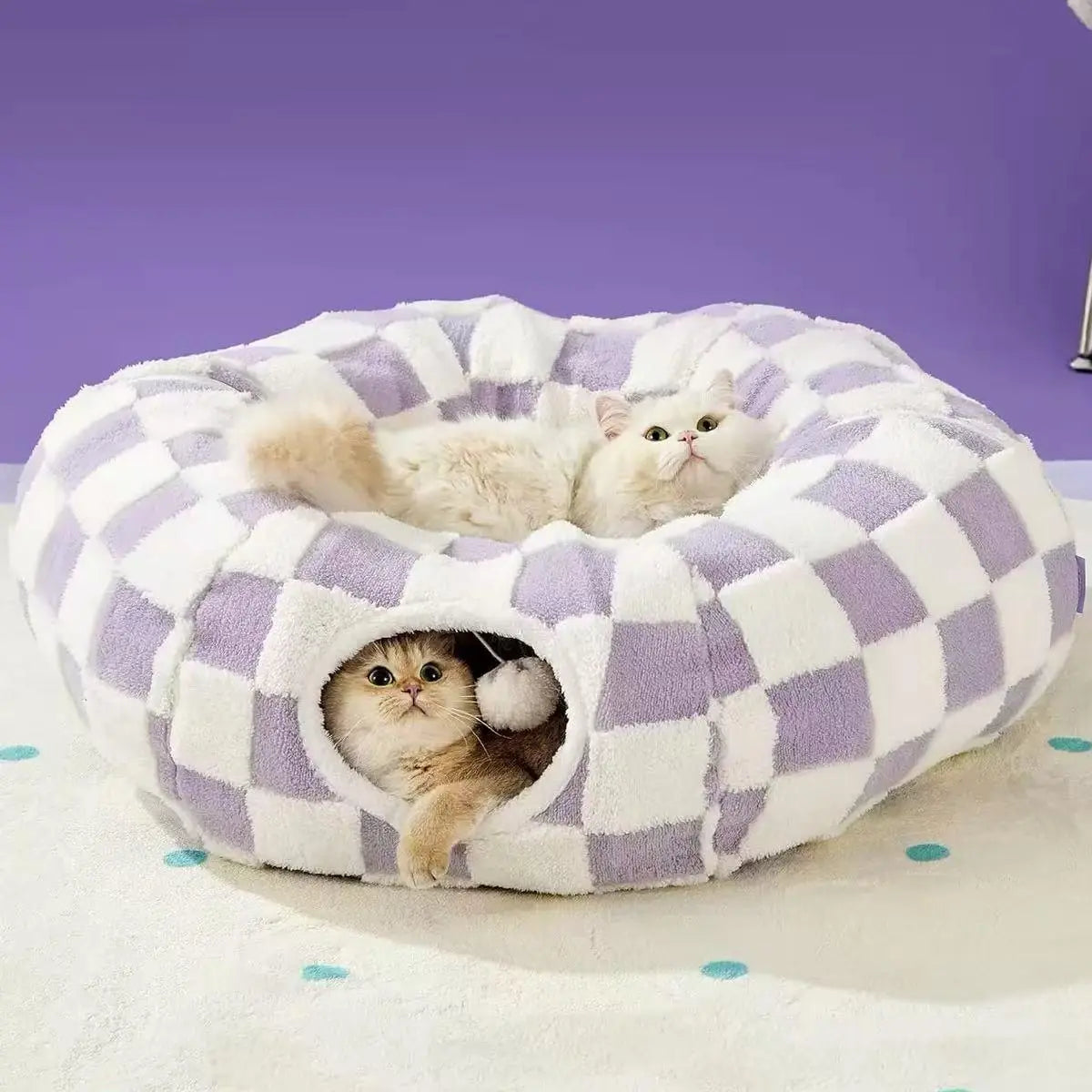 Indoor Cat Cave Bed – Cute Cat Donut Tunnel Toy for Small & Large Cats, Removable Washable round Pad – Peekaboo Hideaway for Kittens, Puppies, Bunnies – Cloud Blue