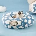 Indoor Cat Cave Bed – Cute Cat Donut Tunnel Toy for Small & Large Cats, Removable Washable round Pad – Peekaboo Hideaway for Kittens, Puppies, Bunnies – Cloud Blue