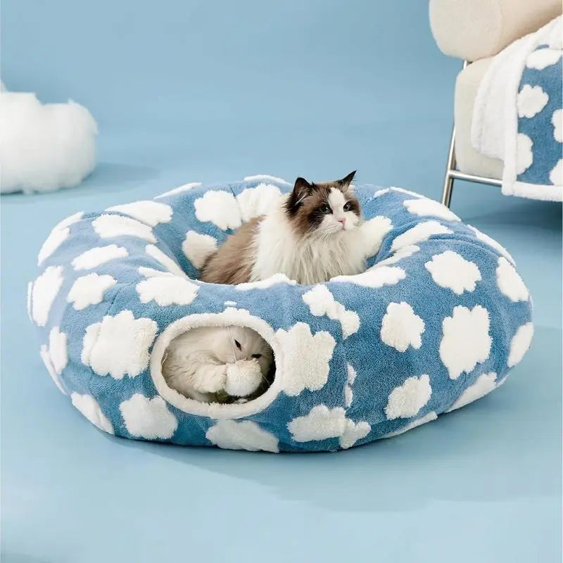Indoor Cat Cave Bed – Cute Cat Donut Tunnel Toy for Small & Large Cats, Removable Washable round Pad – Peekaboo Hideaway for Kittens, Puppies, Bunnies – Cloud Blue