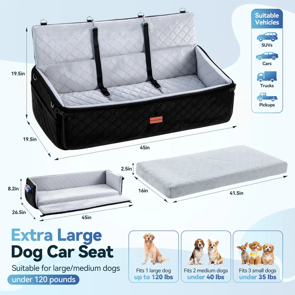 PAWGIANT Extra Large Dog Car Seat, Dog Bed for Large Dogs up to 120Lbs, Multi-Functional Dog Booster Seat with Thick Cushion & Safety Leashes, Detachable & Washable Pet Travel Safety Carrier