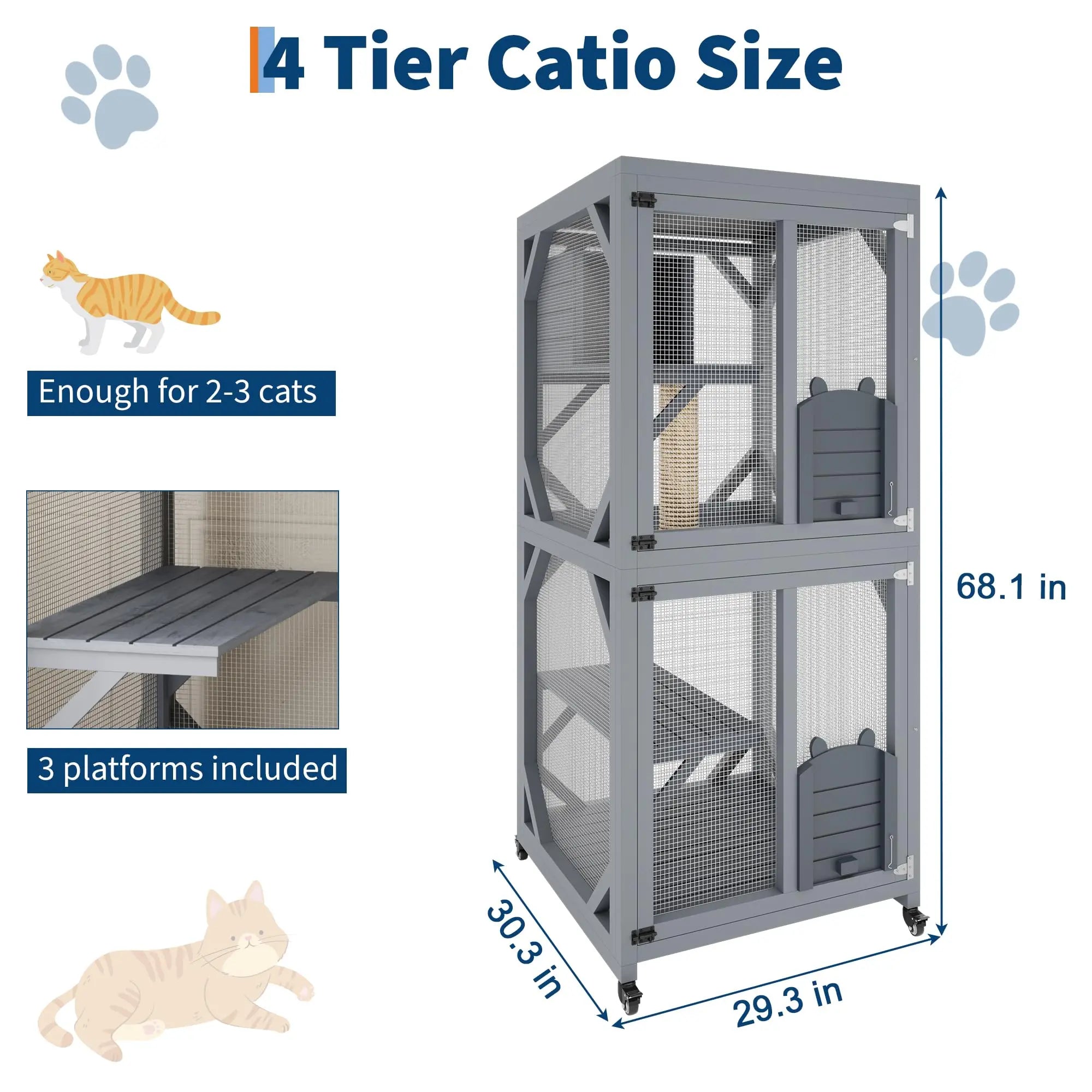 Garvee Large Cat Enclosure on Wheels for Indoor Outdoor, 68 Inch Window Access Catio with Asphalt Roof, Scratching Post, 3 Platforms and Resting Box, Cat Patio Playpen Grey