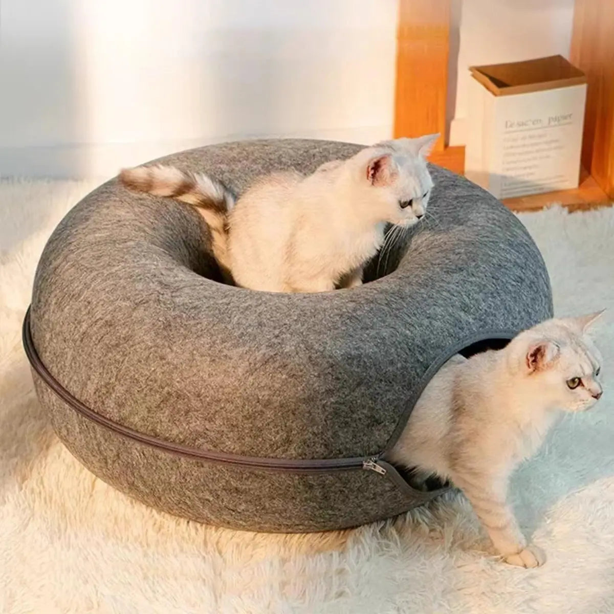 Donut Tunnel Cat Bed Large 24 Inch Plush Cave House Soft Fluffy Pet Bed for Indoor Cats Supports up to 30 Lbs Scratch Resistant