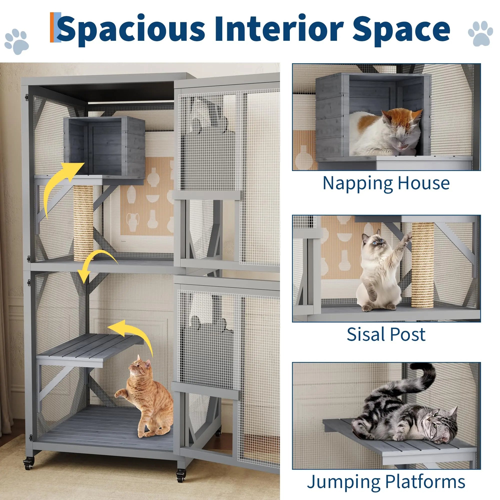 Garvee Large Cat Enclosure on Wheels for Indoor Outdoor, 68 Inch Window Access Catio with Asphalt Roof, Scratching Post, 3 Platforms and Resting Box, Cat Patio Playpen Grey
