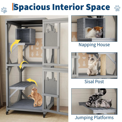 Garvee Large Cat Enclosure on Wheels for Indoor Outdoor, 68 Inch Window Access Catio with Asphalt Roof, Scratching Post, 3 Platforms and Resting Box, Cat Patio Playpen Grey