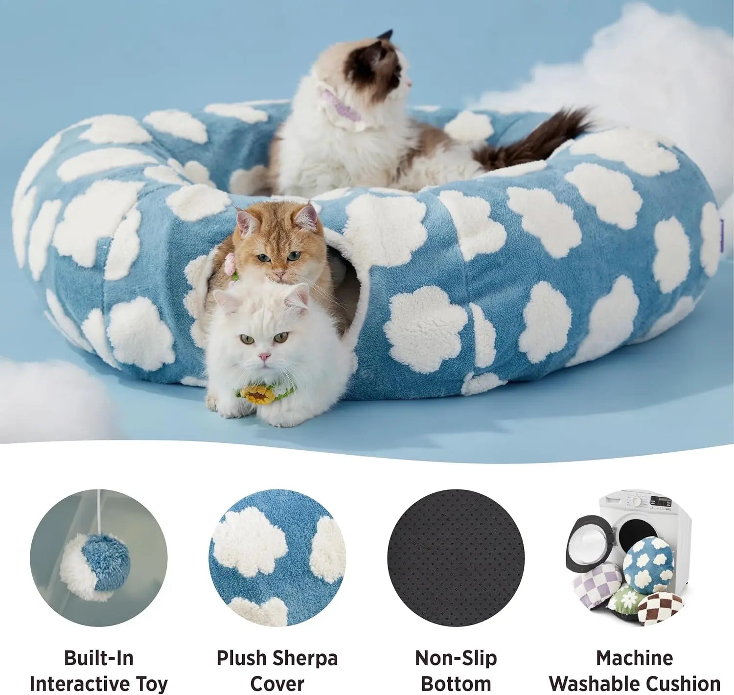 Indoor Cat Cave Bed – Cute Cat Donut Tunnel Toy for Small & Large Cats, Removable Washable round Pad – Peekaboo Hideaway for Kittens, Puppies, Bunnies – Cloud Blue