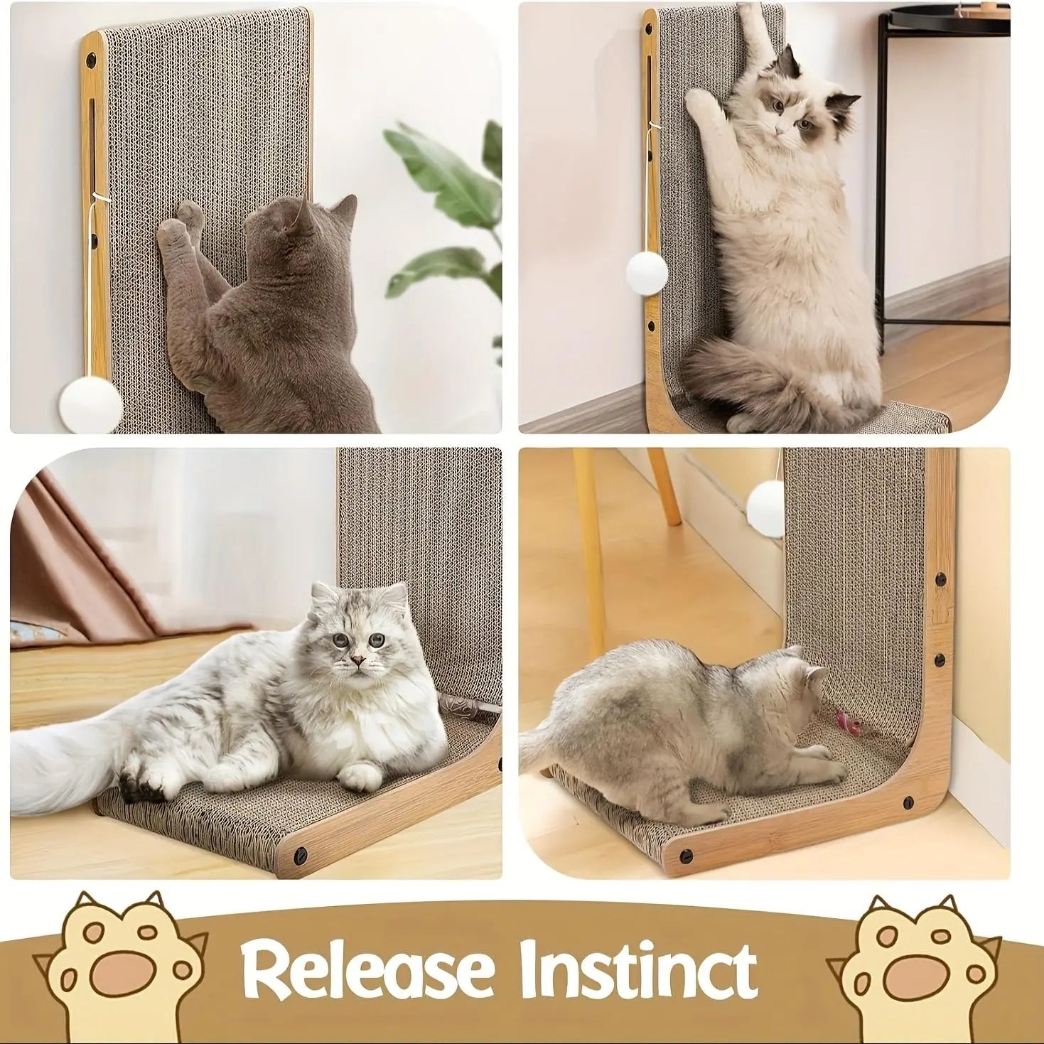 Large Size 2-Pack Cat Scratcher, L-Shaped Vertical Scratching Board for Indoor Cats, 24" Wall-Mounted with Ball Toy, Easy Assembly Light Wood Grain