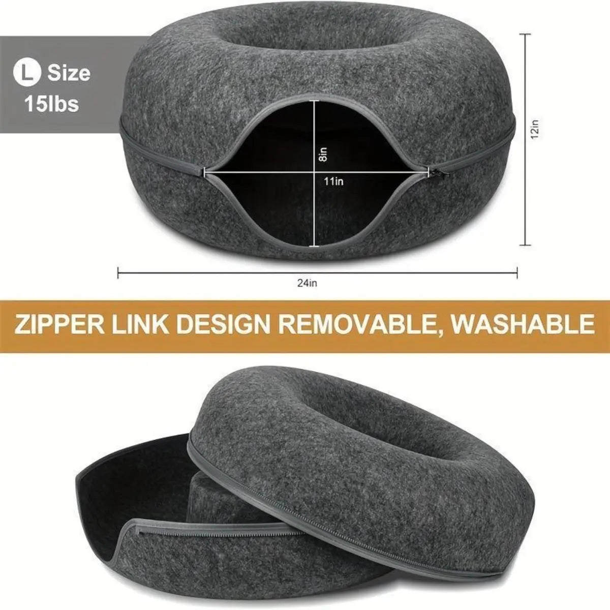 Donut Tunnel Cat Bed Large 24 Inch Plush Cave House Soft Fluffy Pet Bed for Indoor Cats Supports up to 30 Lbs Scratch Resistant