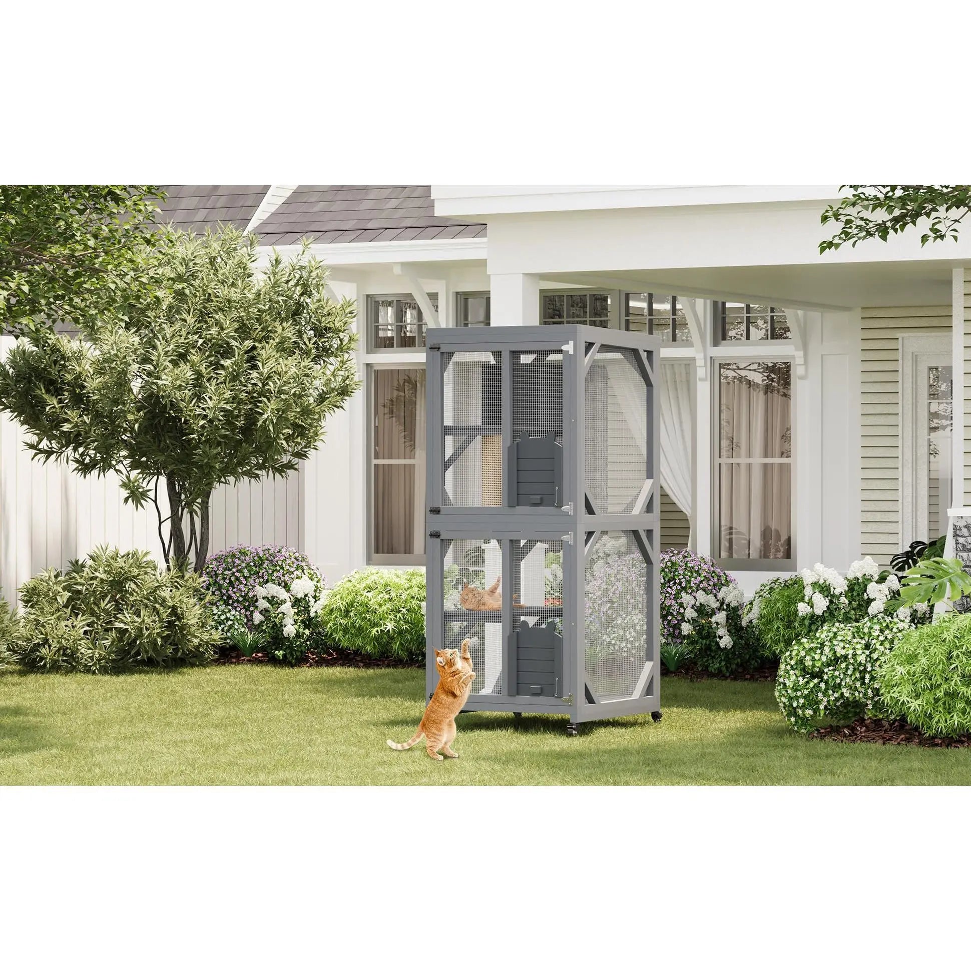 Garvee Large Cat Enclosure on Wheels for Indoor Outdoor, 68 Inch Window Access Catio with Asphalt Roof, Scratching Post, 3 Platforms and Resting Box, Cat Patio Playpen Grey
