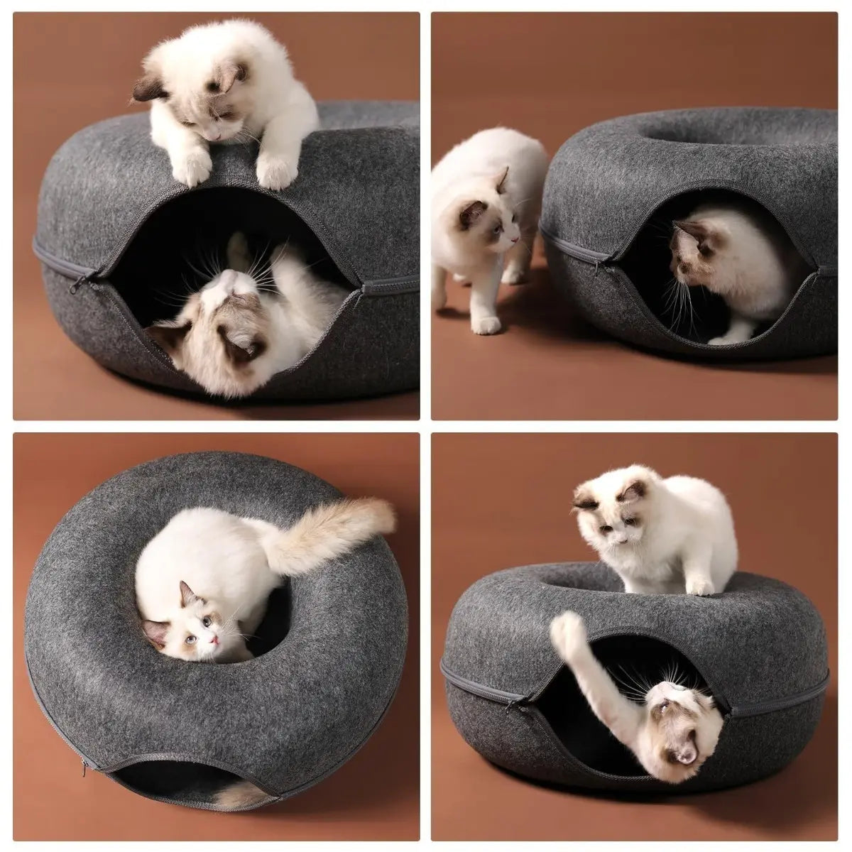 Donut Tunnel Cat Bed Large 24 Inch Plush Cave House Soft Fluffy Pet Bed for Indoor Cats Supports up to 30 Lbs Scratch Resistant