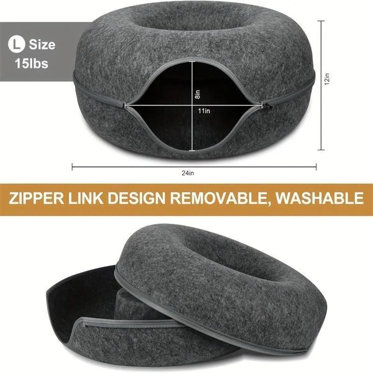 Donut Tunnel Cat Bed Large 24 Inch Plush Cave House Soft Fluffy Pet Bed for Indoor Cats Supports up to 30 Lbs Scratch Resistant