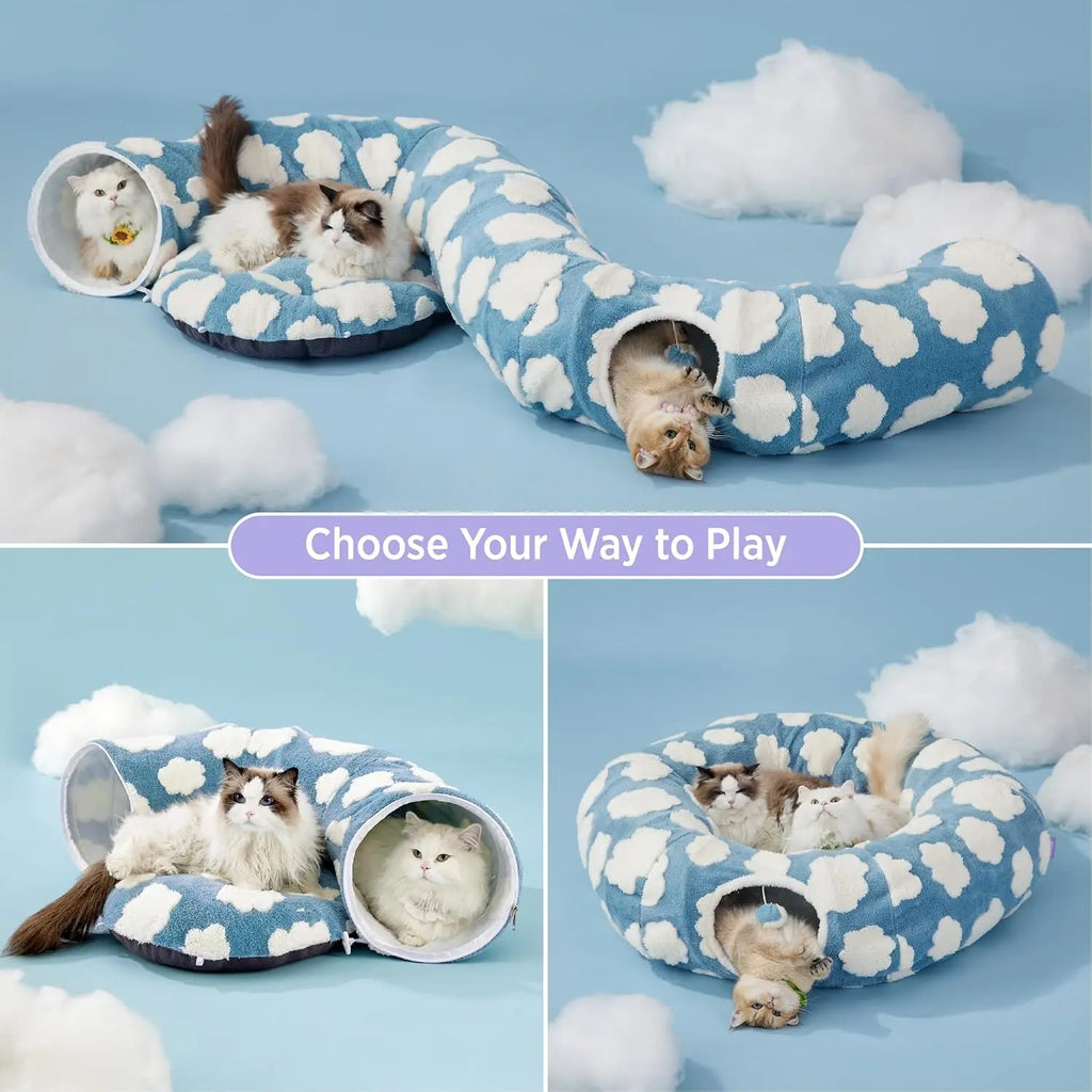 Indoor Cat Cave Bed – Cute Cat Donut Tunnel Toy for Small & Large Cats, Removable Washable round Pad – Peekaboo Hideaway for Kittens, Puppies, Bunnies – Cloud Blue