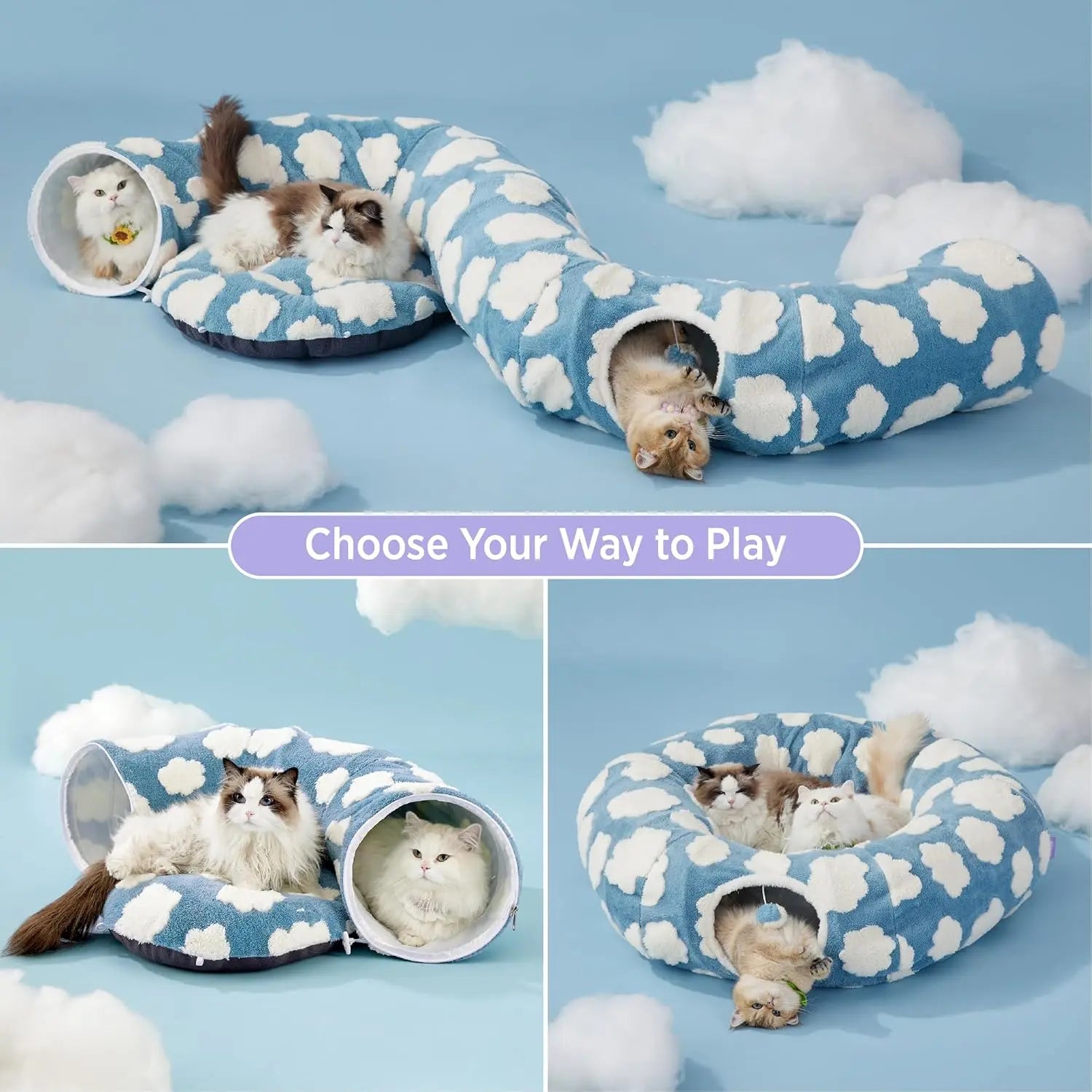 Indoor Cat Cave Bed – Cute Cat Donut Tunnel Toy for Small & Large Cats, Removable Washable round Pad – Peekaboo Hideaway for Kittens, Puppies, Bunnies – Cloud Blue