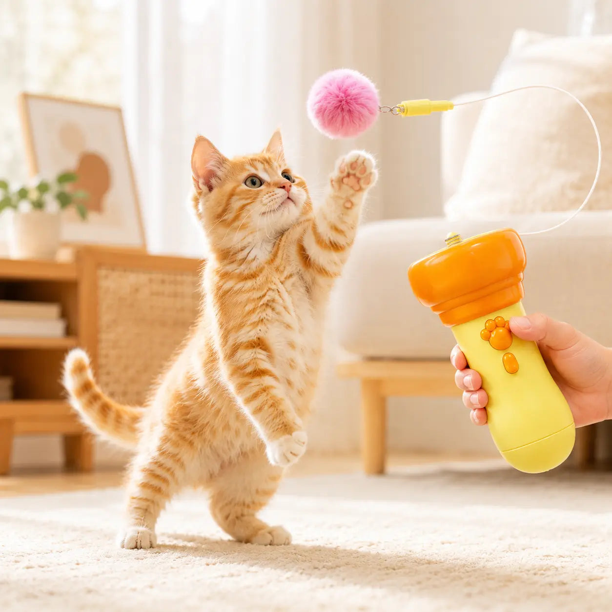 Automatic Retractable Electric Cat Teaser Wand, Hands Free Interactive Fluffy Pom Pom Toy, Replaceable Soft Fur Ball Stress Relief Play Toy for Indoor Kittens & Adult Cats Rechargeable Chirping Flapping Bird,Gift,Biting,Pusheen