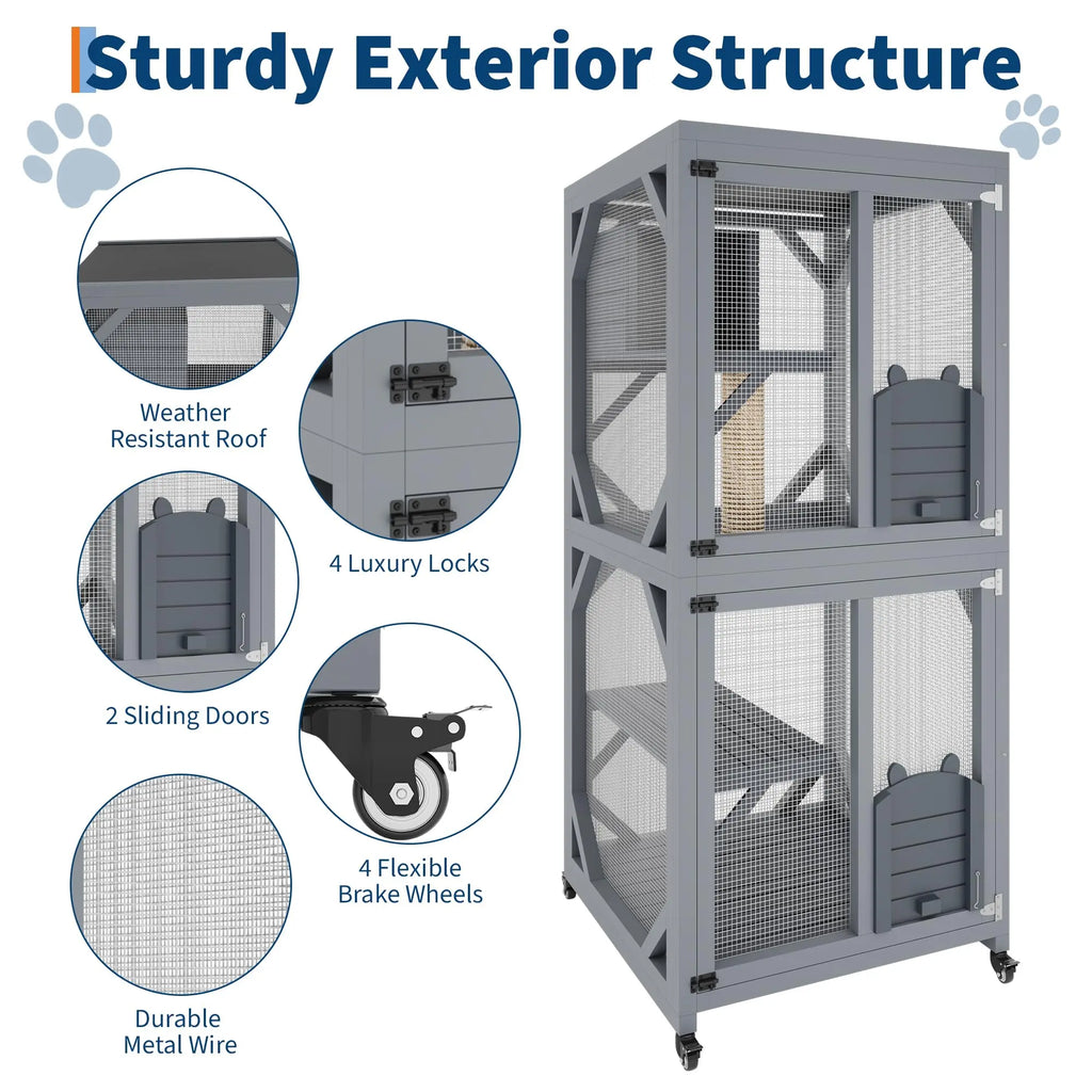 Garvee Large Cat Enclosure on Wheels for Indoor Outdoor, 68 Inch Window Access Catio with Asphalt Roof, Scratching Post, 3 Platforms and Resting Box, Cat Patio Playpen Grey