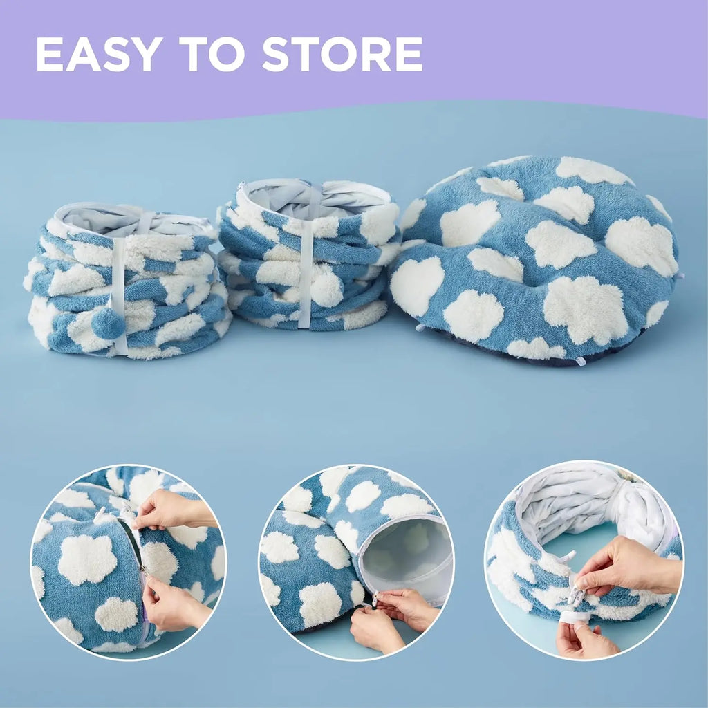 Indoor Cat Cave Bed – Cute Cat Donut Tunnel Toy for Small & Large Cats, Removable Washable round Pad – Peekaboo Hideaway for Kittens, Puppies, Bunnies – Cloud Blue