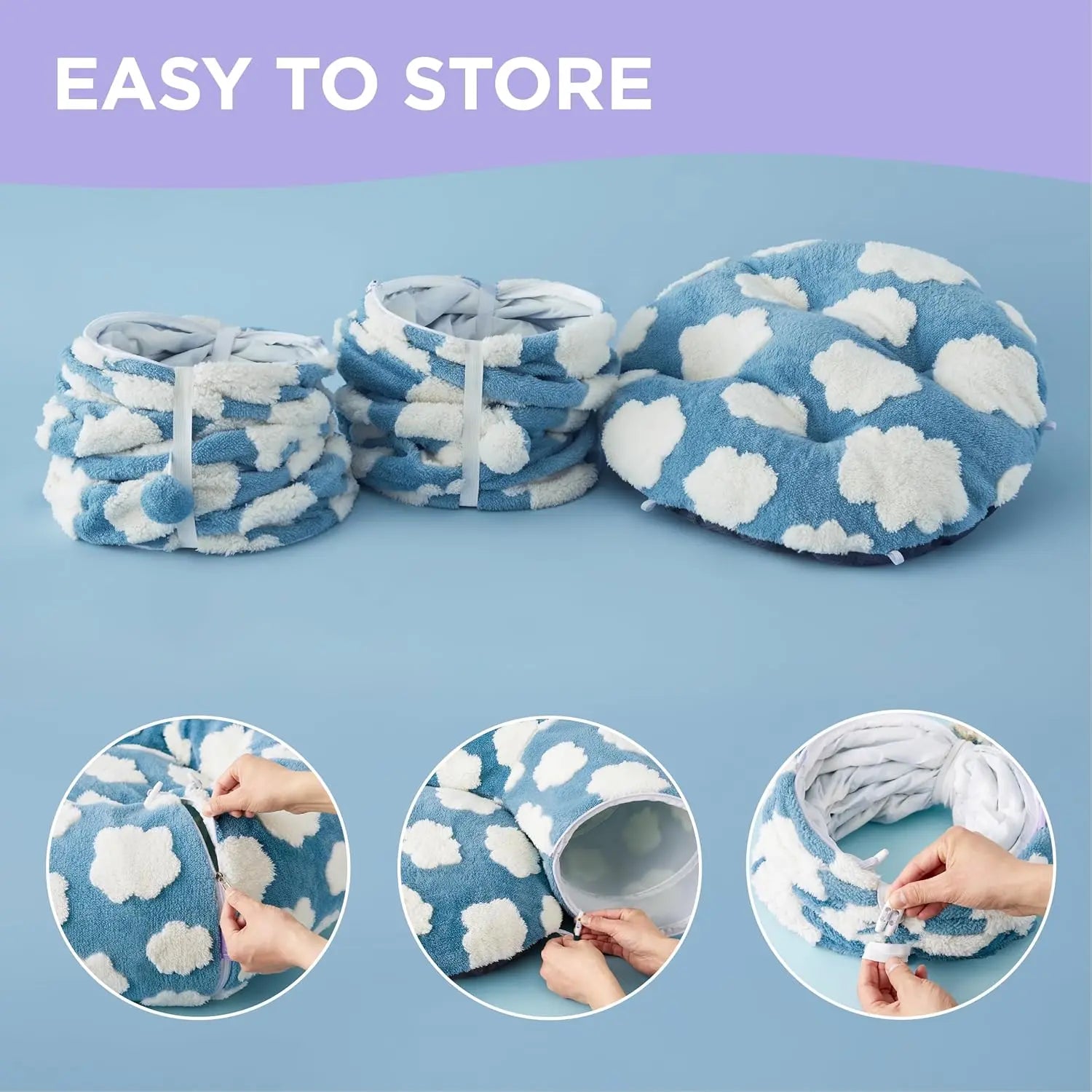 Indoor Cat Cave Bed – Cute Cat Donut Tunnel Toy for Small & Large Cats, Removable Washable round Pad – Peekaboo Hideaway for Kittens, Puppies, Bunnies – Cloud Blue