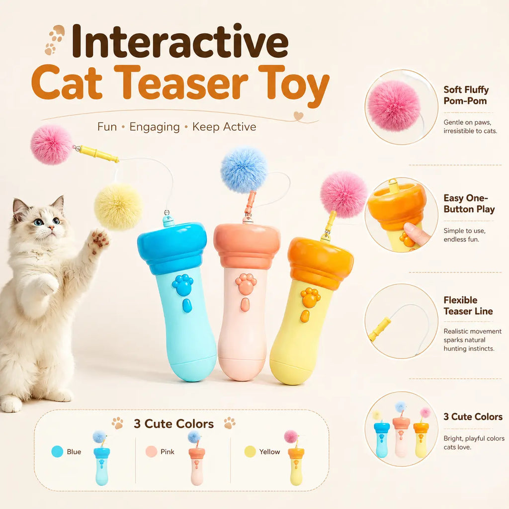 Automatic Retractable Electric Cat Teaser Wand, Hands Free Interactive Fluffy Pom Pom Toy, Replaceable Soft Fur Ball Stress Relief Play Toy for Indoor Kittens & Adult Cats Rechargeable Chirping Flapping Bird,Gift,Biting,Pusheen