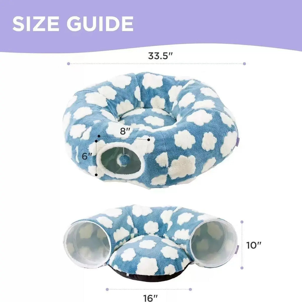 Indoor Cat Cave Bed – Cute Cat Donut Tunnel Toy for Small & Large Cats, Removable Washable round Pad – Peekaboo Hideaway for Kittens, Puppies, Bunnies – Cloud Blue
