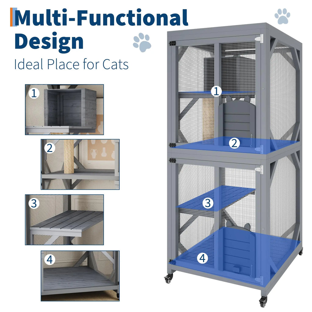 Garvee Large Cat Enclosure on Wheels for Indoor Outdoor, 68 Inch Window Access Catio with Asphalt Roof, Scratching Post, 3 Platforms and Resting Box, Cat Patio Playpen Grey