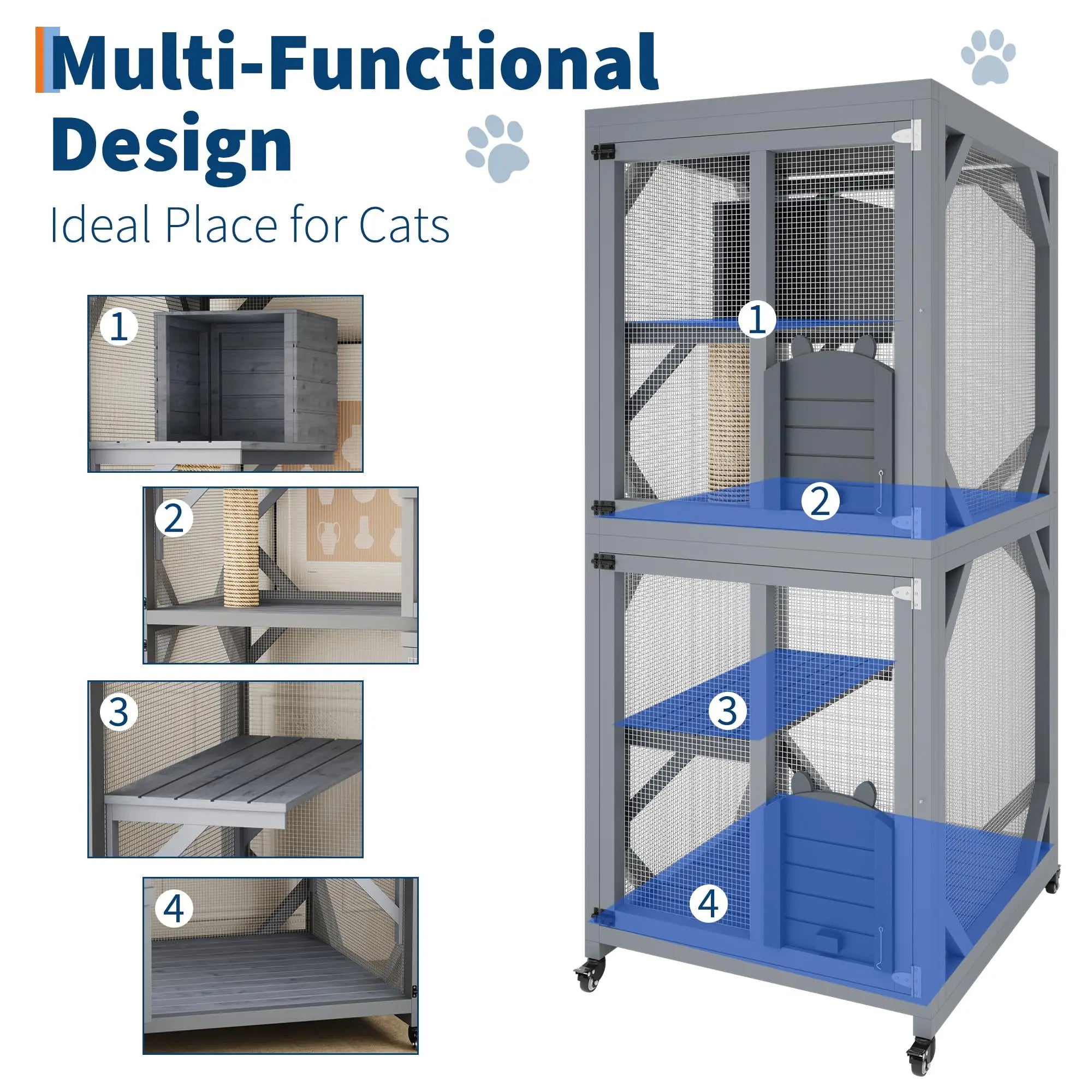 Garvee Large Cat Enclosure on Wheels for Indoor Outdoor, 68 Inch Window Access Catio with Asphalt Roof, Scratching Post, 3 Platforms and Resting Box, Cat Patio Playpen Grey